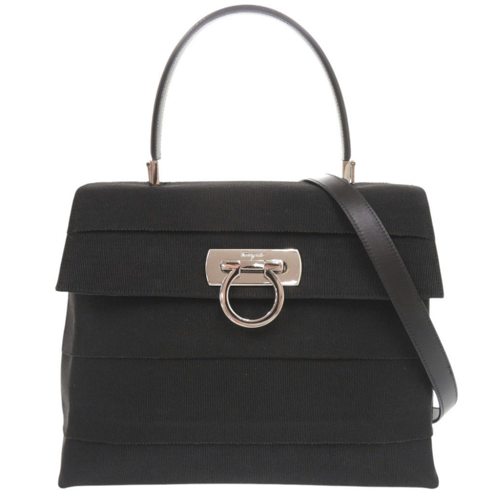 Salvatore Ferragamo Gancini Canvas Leather Black 2-Way Handbag Shoulder Bag 1...